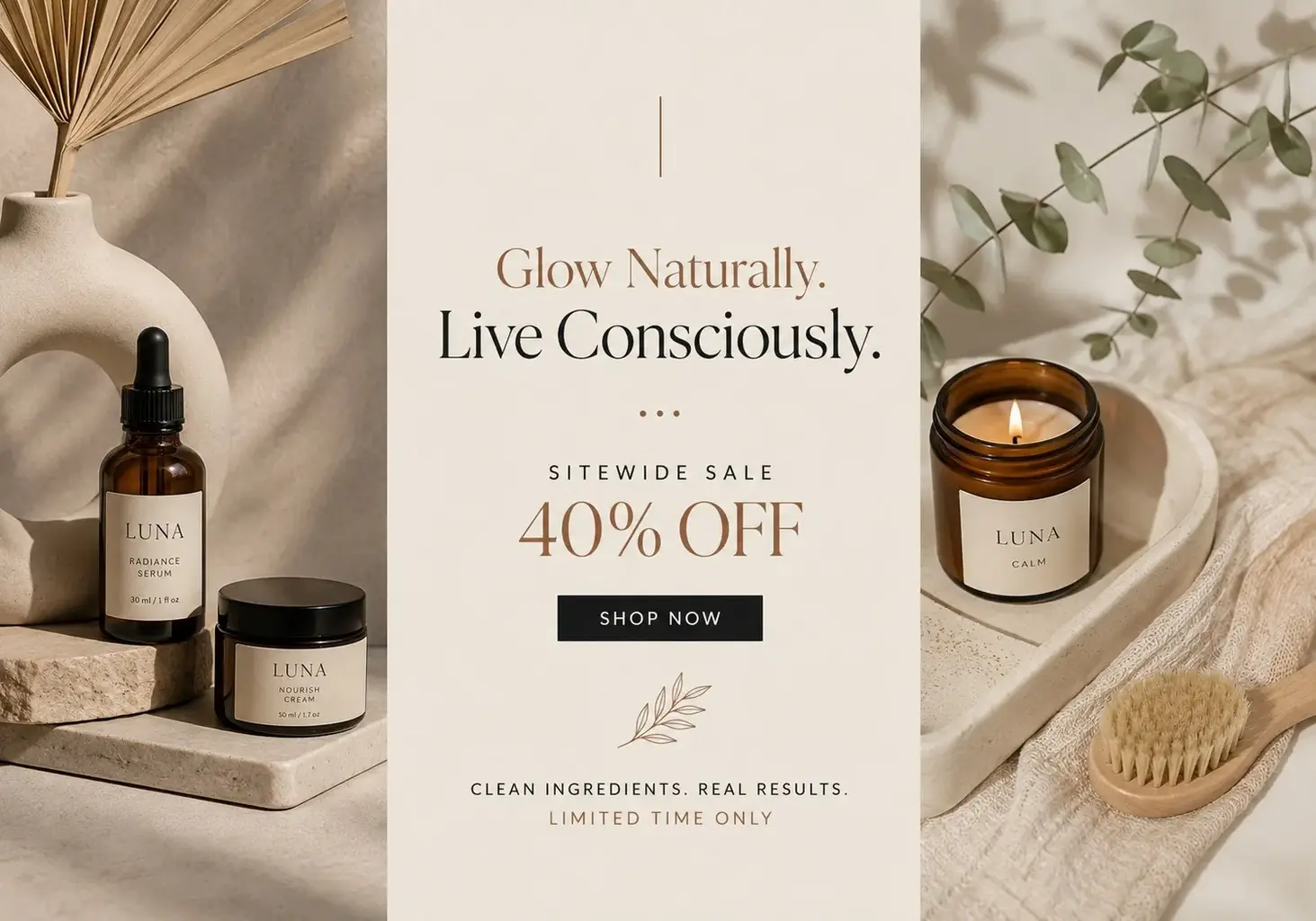A "Luna" skincare sale ad designed by Kognie: "Glow naturally. Live consciously." and "40% off" between a serum bottle, a jar of cream and a candle.