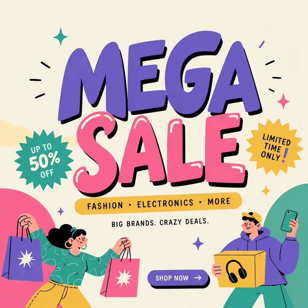 A "Mega Sale" ad designed by Kognie: bold pink and purple lettering, "up to 50% off" on fashion and electronics, and two illustrated shoppers.