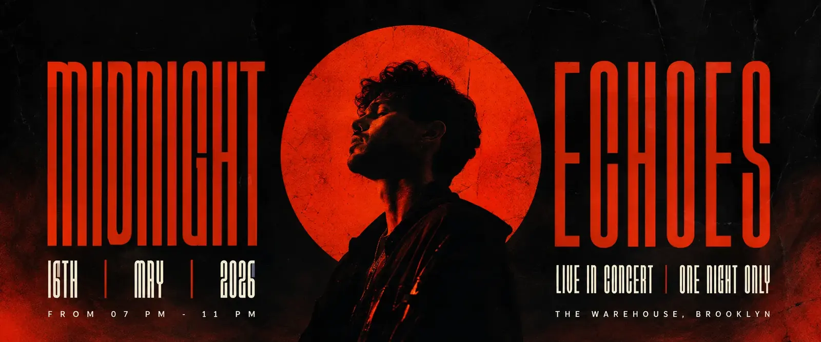 A "Midnight Echoes" concert banner designed by Kognie: tall red lettering either side of a singer in profile against a red circle, for one night on 16 May 2026.