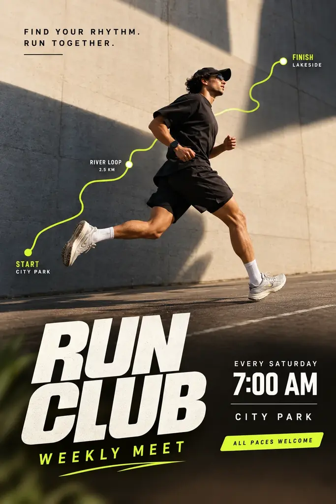 A "Run Club" weekly meet poster designed by Kognie: a runner mid-stride beside a route map, with "Every Saturday, 7:00 AM, City Park".